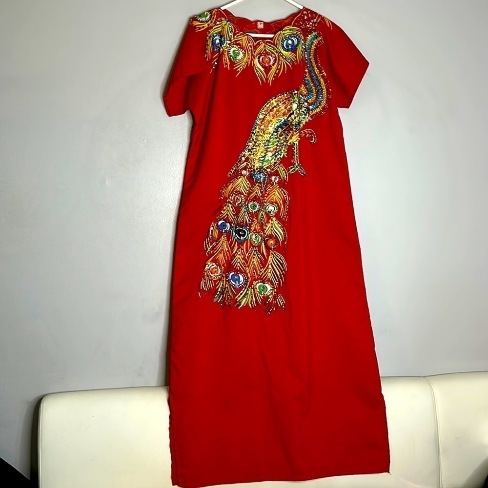 Vintage peacock sequin pearl embellished short sleeve maxi dress medium